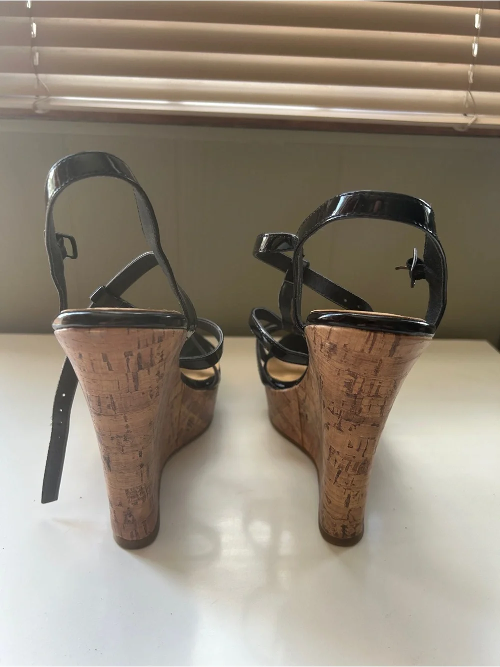 Charlotte Russe Black Patent Strappy Cork Platform Wedges